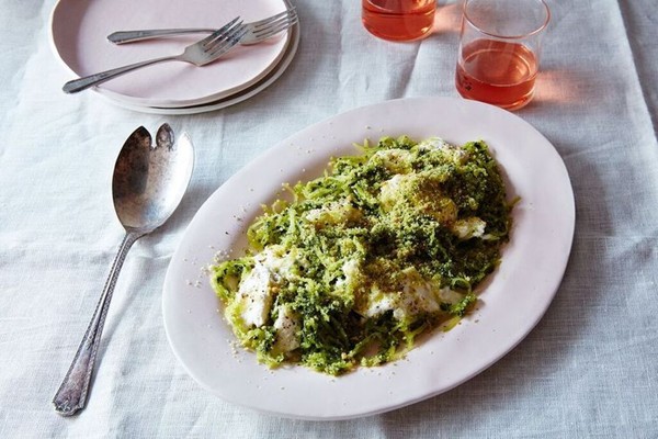 Spaghetti squash with kale pesto and burrata