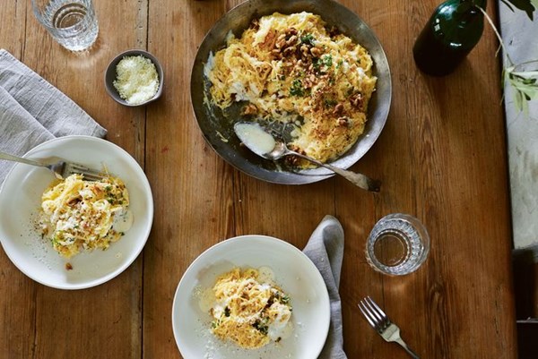 Spaghetti squash with pecorino Romano cream & walnuts 