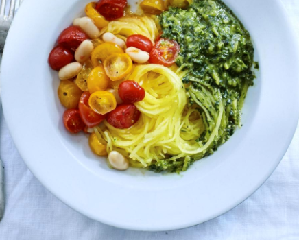 Spaghetti squash with roasted tomatoes & almond pesto