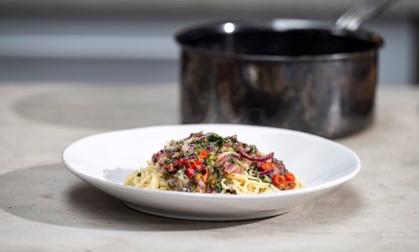 Spaghetti with anchovies, chilli, garlic, parsley, orange zest and capers