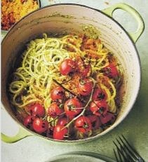 Spaghetti with avocado pesto, blistered tomatoes & paprika breadcrumbs