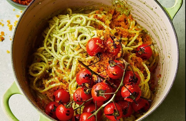 Spaghetti with avocado pesto, blistered tomatoes & paprika breadcrumbs