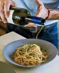 Spaghetti with bottarga and almond bread crumbs