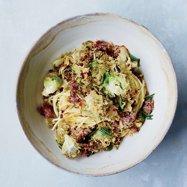 Spaghetti with Brussels sprout and sausage breadcrumbs