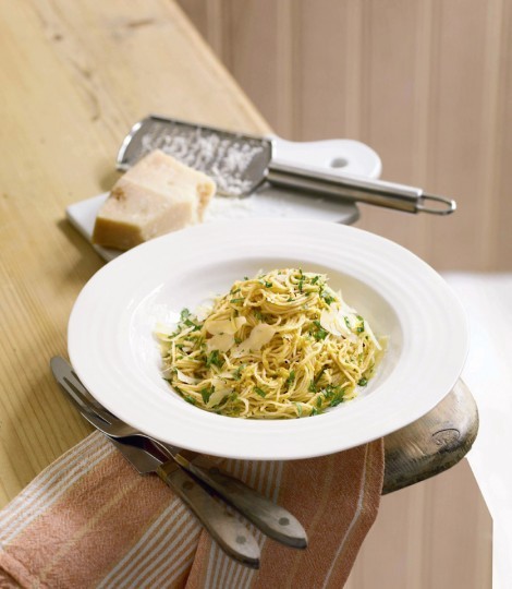 Spaghetti with butternut squash and aubergine pesto