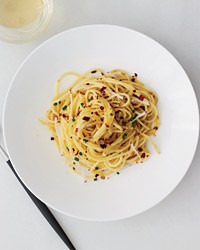 Spaghetti with Calabrian chiles, radishes and lemon