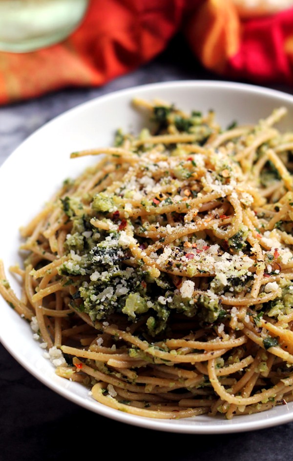 Spaghetti with cauliflower and garlicky Swiss chard gremolata