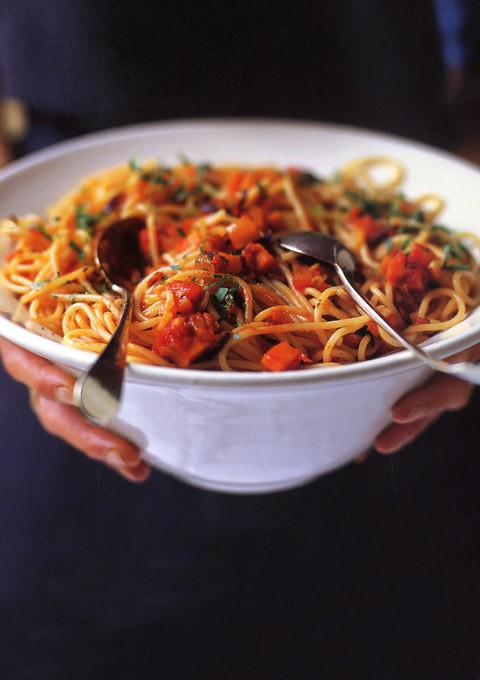 Spaghetti with chunky tomato, olive and chilli sauce