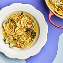 Spaghetti with clams and Sun Gold tomatoes