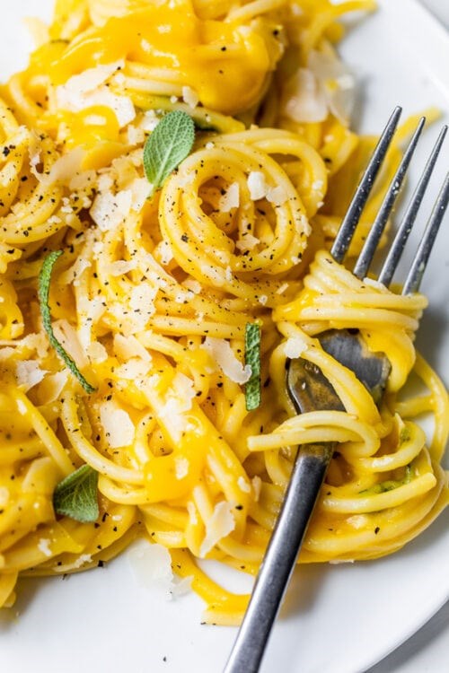 Spaghetti with creamy butternut leek Parmesan sauce