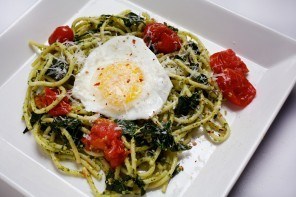 Spaghetti with greens and pistachio pesto