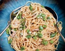 Spaghetti with guanciale & broad beans 