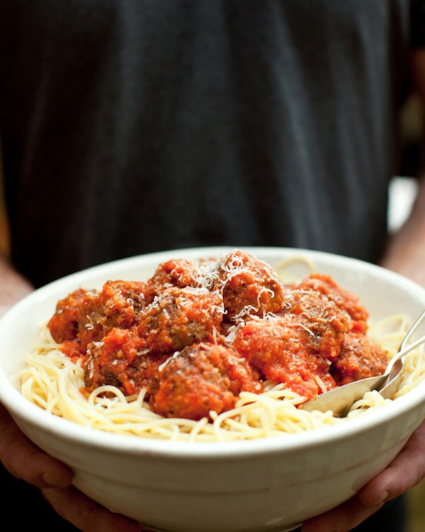 Spaghetti with Italian meatballs, slow roasted tomato and red wine sauce