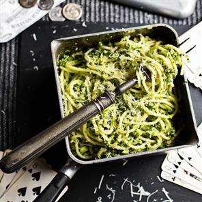 Spaghetti with kale and Brussels sprout pesto