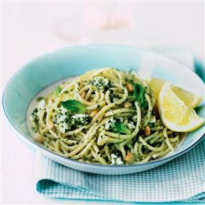 Spaghetti with mint and feta pesto