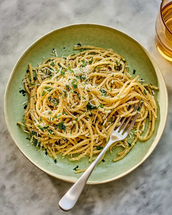 Spaghetti with mizithra cheese and browned butter
