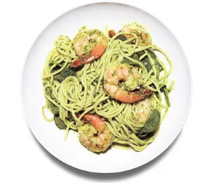 Spaghetti with pesto and shrimp