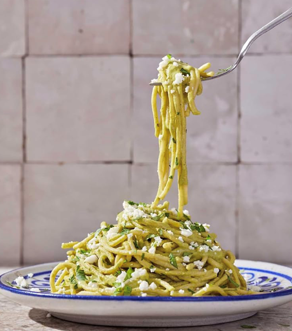 Spaghetti with poblano chile sauce