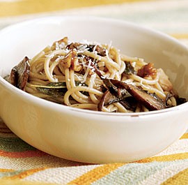 Spaghetti with portabellas, sage & walnuts