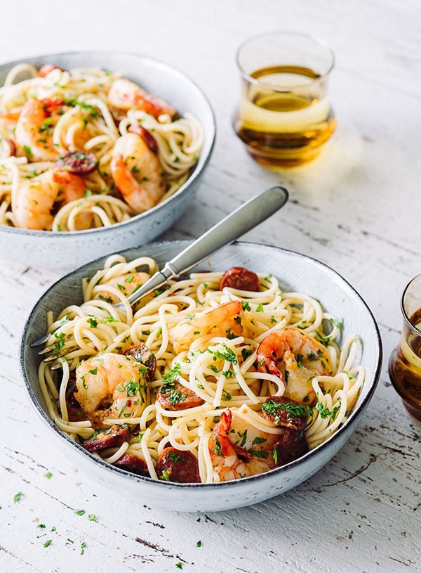 Spaghetti with prawns, chorizo, lemon and chilli