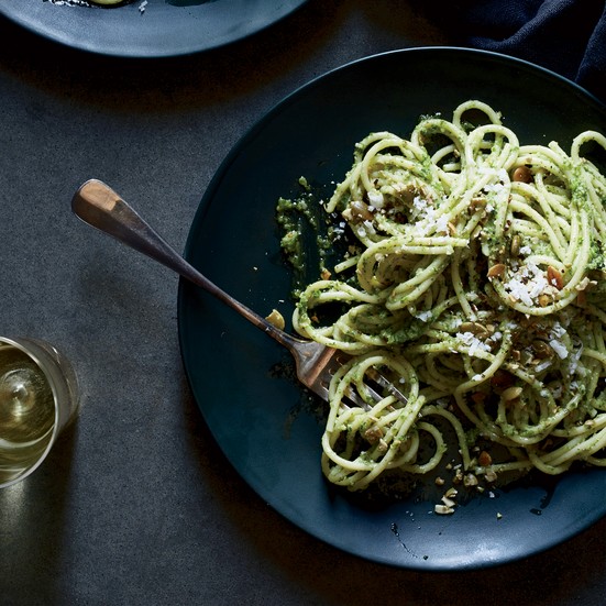 Spaghetti with radish-greens pesto