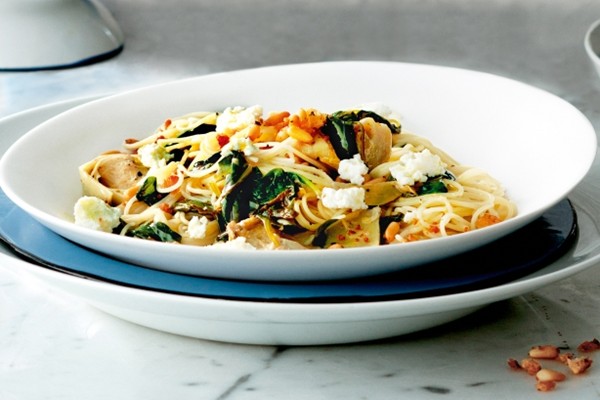 Spaghetti with ricotta spinach and artichokes