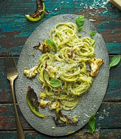Spaghetti with roast cauliflower pesto