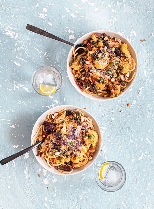 Spaghetti with roasted cauliflower, capers and Parmesan