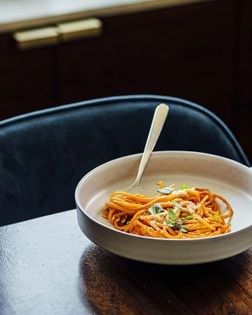 Spaghetti with roasted tomato miso sauce