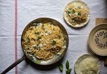 Spaghetti with salt cod, pecorino and basil