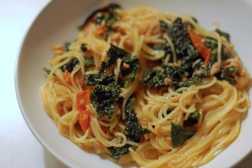 Spaghetti with sausage and cavolo nero