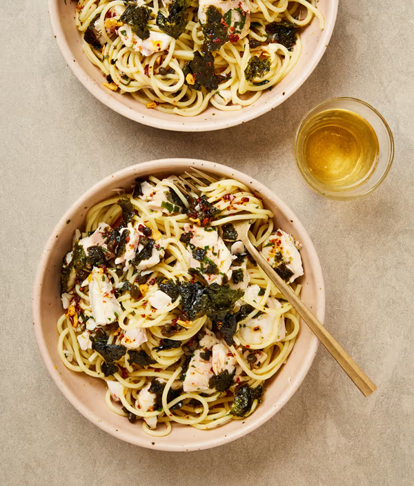 Spaghetti with sea bass and nori butter