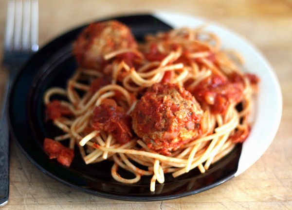 Spaghetti with sopressata sauce and chicken meatballs