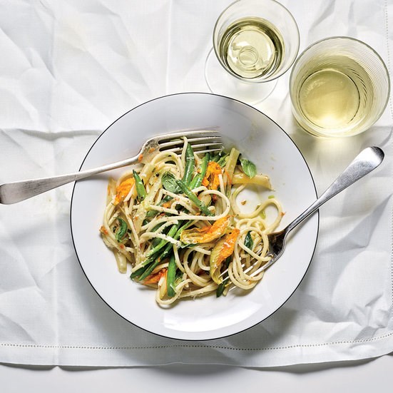 Spaghetti with squash blossom butter and summer beans