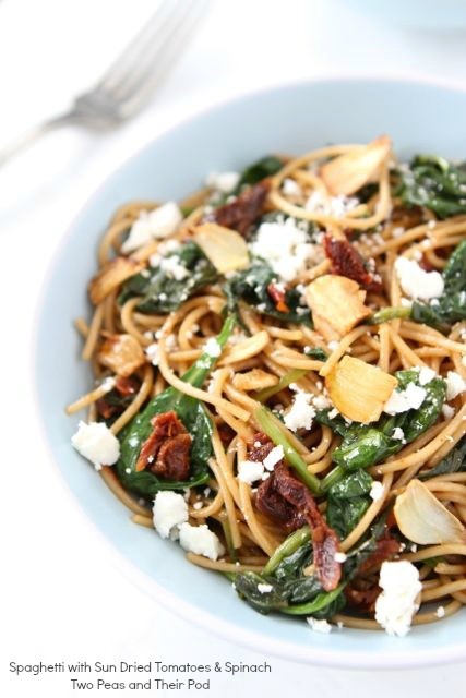 Spaghetti with sun dried tomatoes & spinach