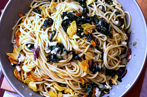 Spaghetti with Swiss chard and garlic chips