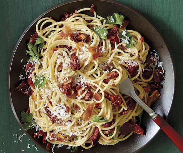 Spaghetti with tomato conserva, pancetta, and pecorino