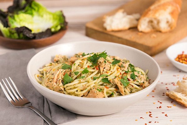 Spaghetti with tuna, capers, and chile flakes