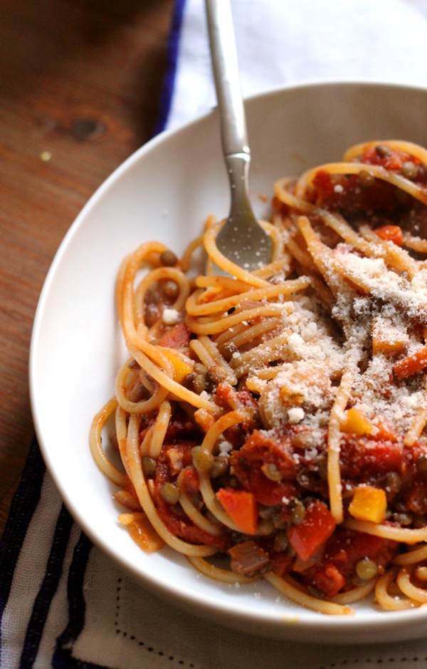 Spaghetti with vegetarian lentil Bolognese