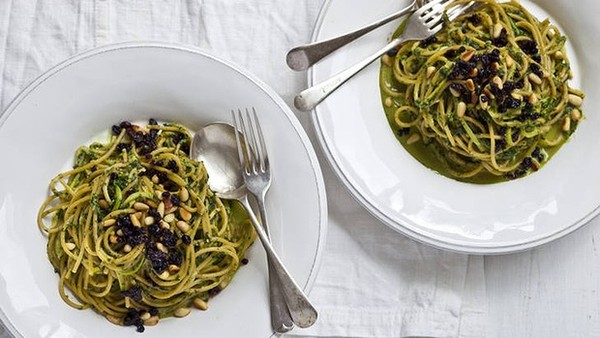 Spaghettini of zucchini, mint, currants, pine nuts and pecorino