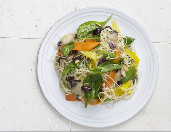 Spaghettini with carrots, olives, and red endive