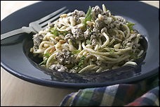 Spaghettini with ground lamb, yogurt, and mint