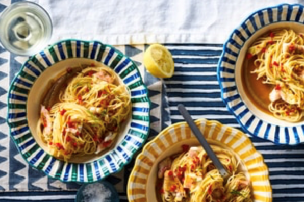 Spaghettini with red mullet, onion, anchovy and saffron