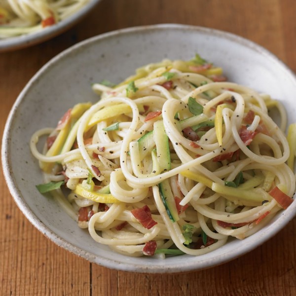 Spaghettini with summer squash and crispy speck (Spaghettini con zucchine e speck)