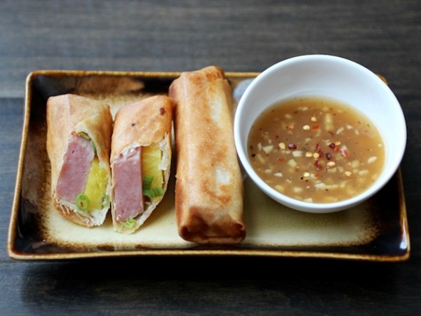 Spam and pineapple spring rolls with homemade sweet and sour sauce