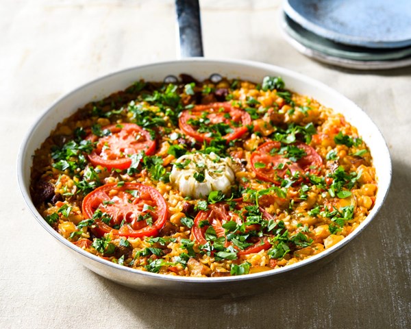 Spanish baked rice with chickpeas, potatoes and chorizo