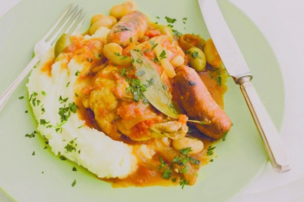 Spanish chicken with sausage and beans