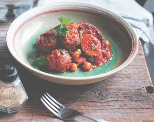 Spanish meatballs with chorizo and chickpeas