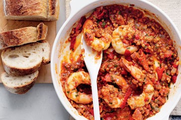 Spanish prawns with spicy lentils