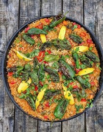 Spanish rice with grilled padrons